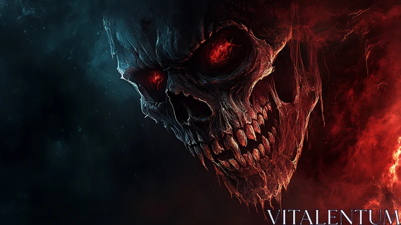 Burning skeletal face emerging from dark split background.