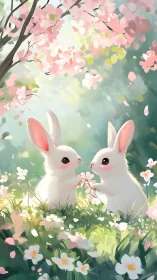 Two white rabbits stand facing each other under blooming tree