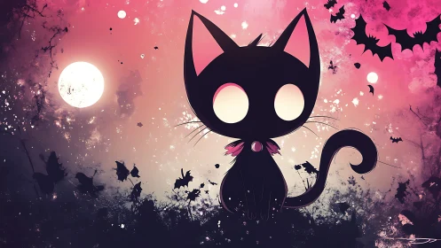 Moonlit cartoon black cat sits amid swirling pink bats