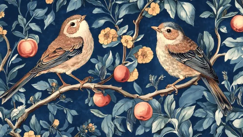 Songbirds on fruit tree branches against deep blue backdrop.