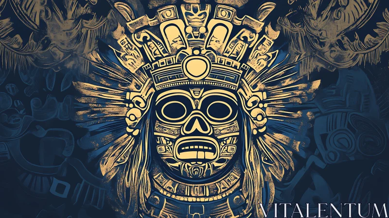 Golden Aztec skull mask radiates mystical ceremonial power