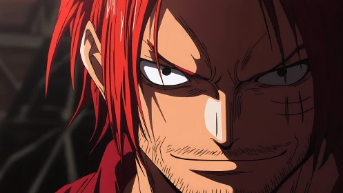 Red haired anime swordsman close up with dramatic hard lighting