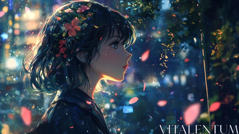 Profile view of girl with floral hair in illuminated cityscape.
