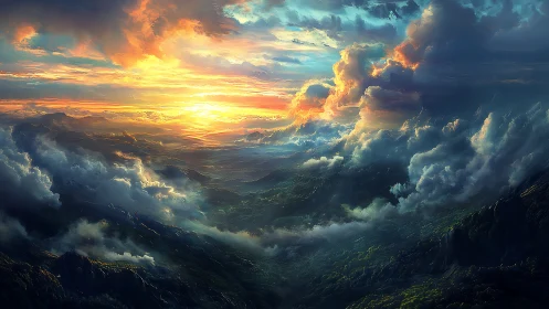 Sunlit storm clouds roll over a vast emerald valley at dusk