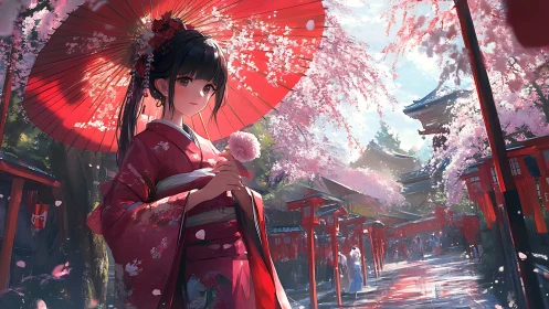 Kimono girl beneath sakura sky in sunlit shrine path.