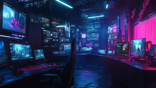 Futuristic control room shows curved workstation of monitors