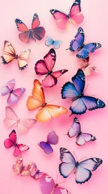 Radiant multicolored butterflies drifting on soft pink field.