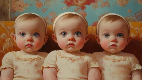 Digital painting of three seated baby girls in dresses.