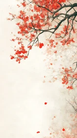 Minimal branch artwork with red leaves on pale background.