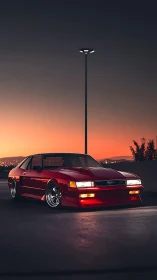 Red classic coupe rests under dusk streetlight on asphalt