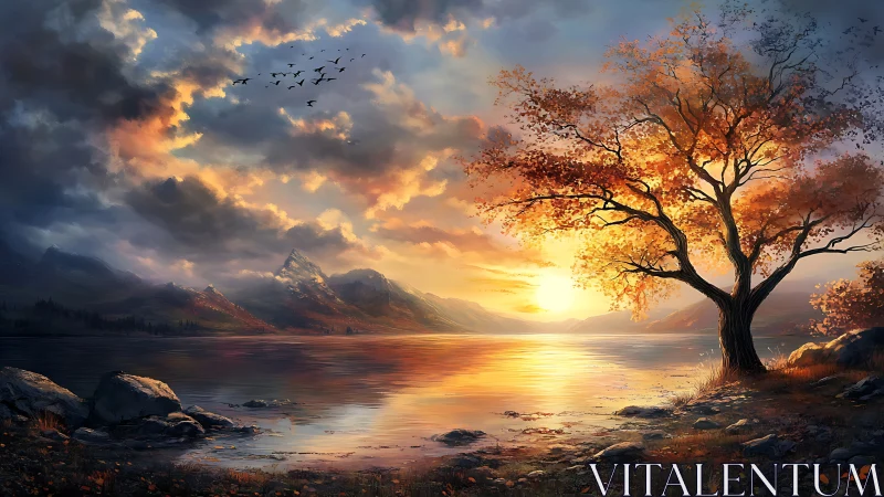 Luminous autumn tree beside reflective mountain lake at dusk.