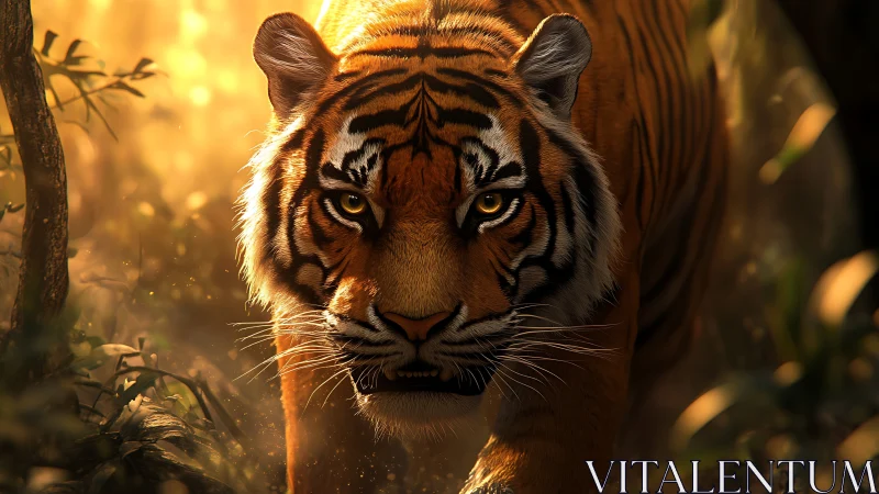 Tiger moves forward through dense forest in warm backlight