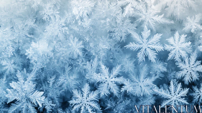 Macro closeup of crystalline snowflakes on icy blue background.