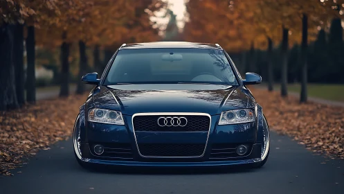 Midnight-blue Audi prowls an autumn tunnel of amber leaves.