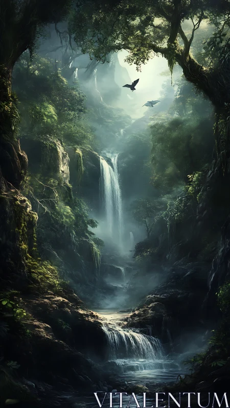 Vertical rainforest gorge renders cascading multi-tier waterfall