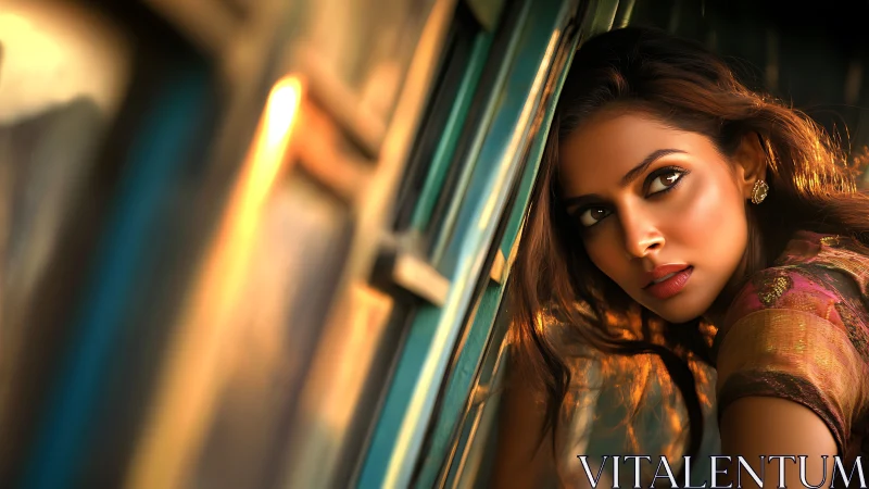 Woman leans from train window under warm directional light