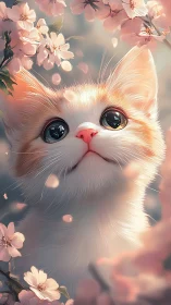 Fluffy White Cat Among Cherry Blossoms.