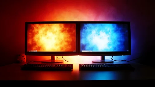 Dual LCD workstations with thermal contrast desktop fields.