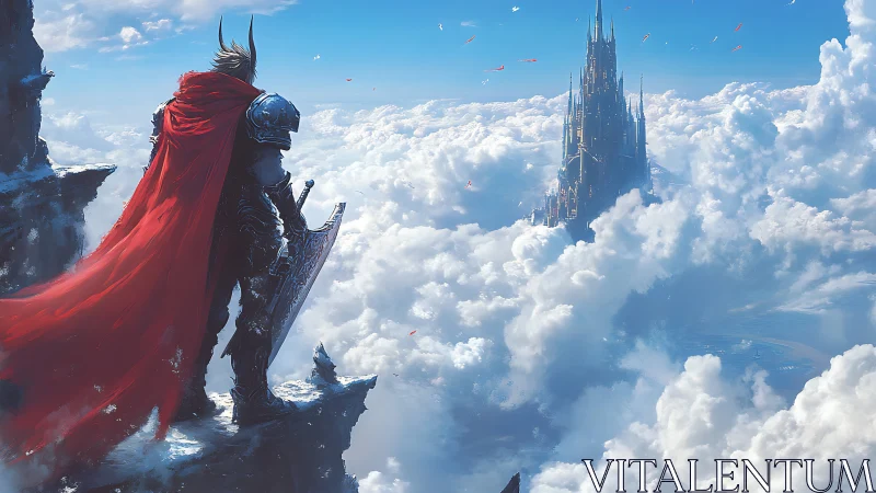 Skyborne knight guarding the distant citadel in cloudscape.
