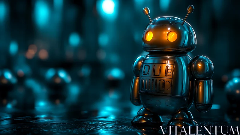 Chromed toy robot stands in neon bokeh cybernetic environment