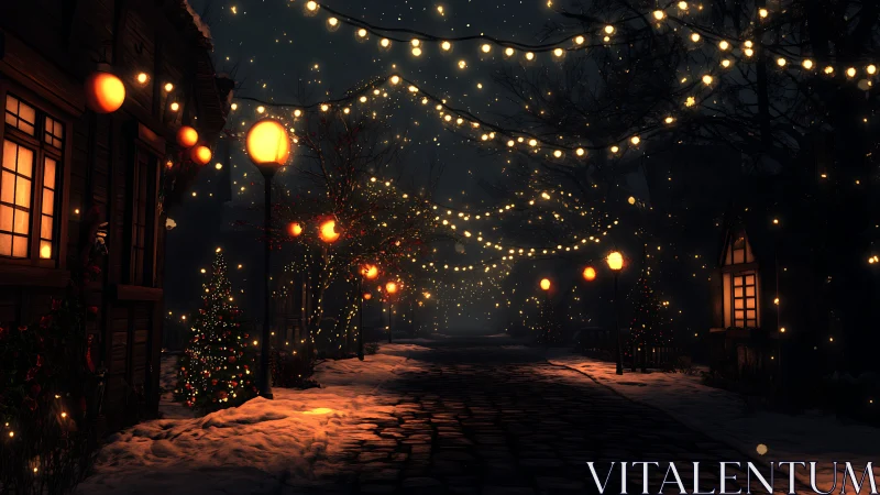 Snowy village street under warm festive string lights.