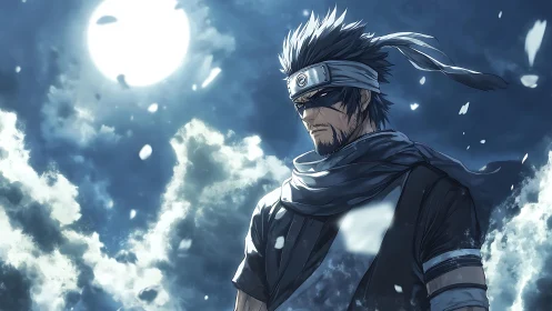 Lone ninja warrior under stormy moonlit night sky