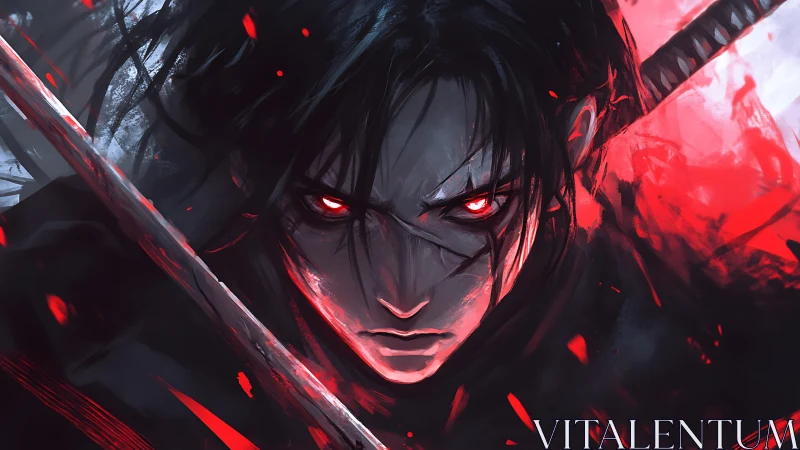 Crimson-eyed swordsman carves through storm-lit digital shadows