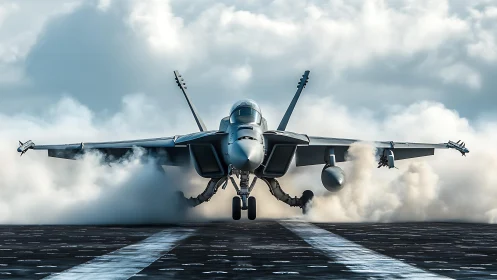 Carrier-based jet accelerates on deck amid dense exhaust plume
