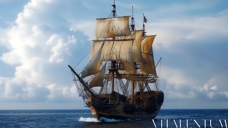 Photorealistic tall ship under full sail on open ocean horizon.