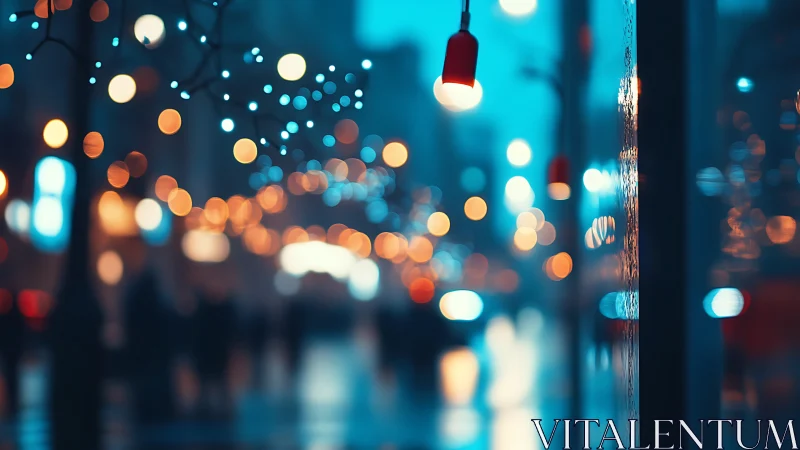 Shallow depth of field city lights reveal wet glass reflections