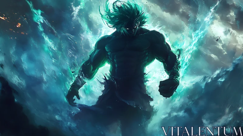 Silhouetted muscular figure stands amid teal energy clouds