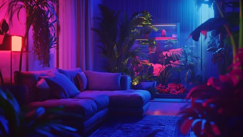 Neon lit living room with indoor tropical plants at night.
