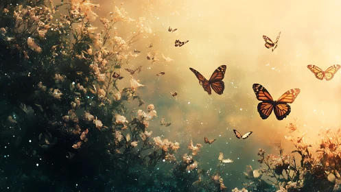 Monarch butterflies drifting through luminous floral haze.
