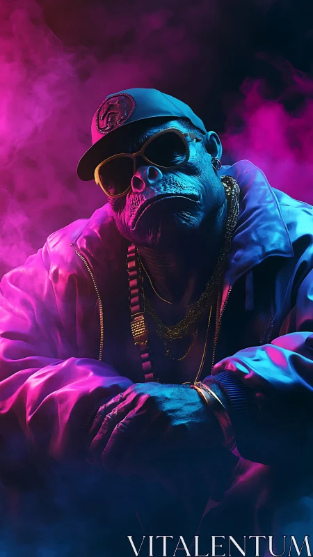 Neon-lit anthropomorphic ape rapper in volumetric rim lighting