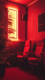 Velvet cinema seats bask in lush neon twilight glow
