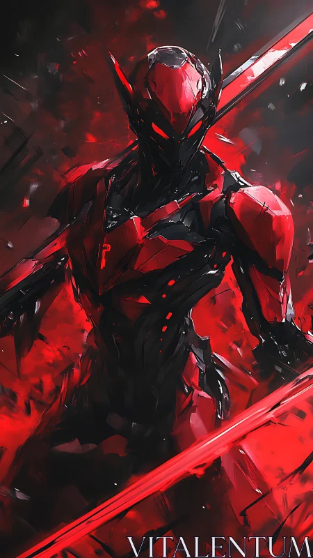Cybernetic red warrior stands amid molten neon vortex