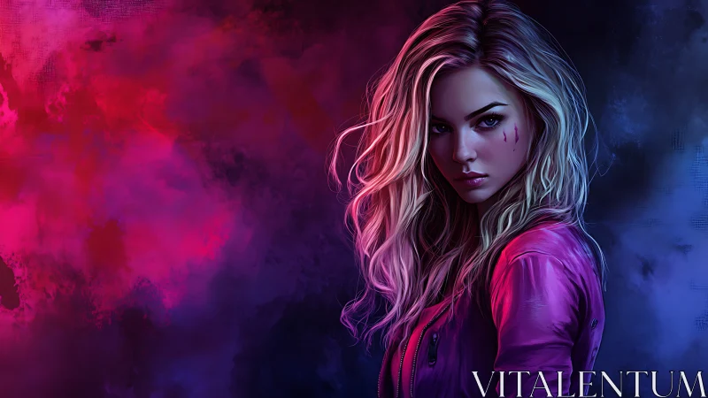 Neon-lit rebel girl standing strong in glowing urban night.