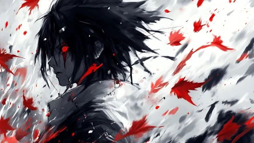 Storm-eyed swordsman in crimson leafstorm of fury and ash.