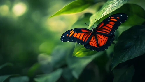 Gentle forest butterfly resting on lush emerald leaves.