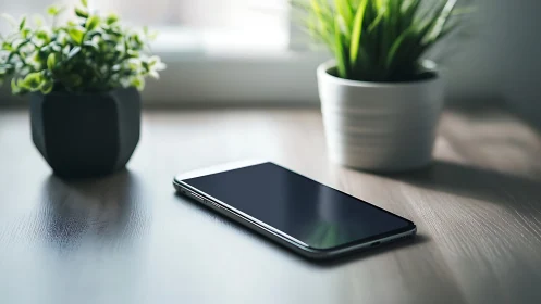 Smartphone on Minimalist Desk with Potted Plants.
