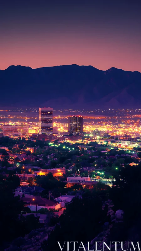 Urban skyline against mountain range at twilight period.