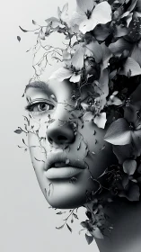 Monochrome female portrait merged with delicate flowers.