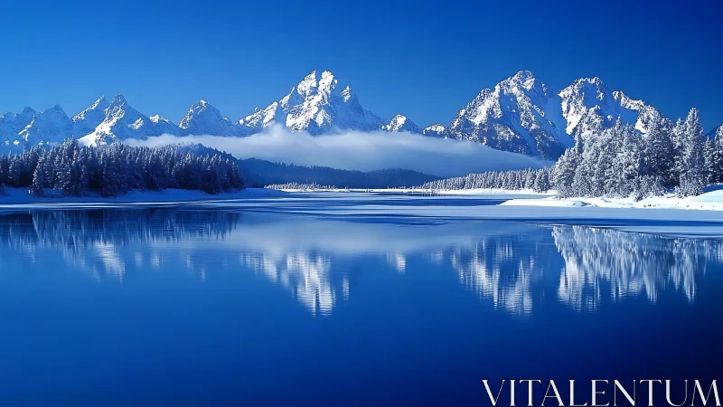 Peaceful winter mountains mirrored in a deep blue lake.