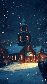 Snowlit Christmas church under deep winter night sky.