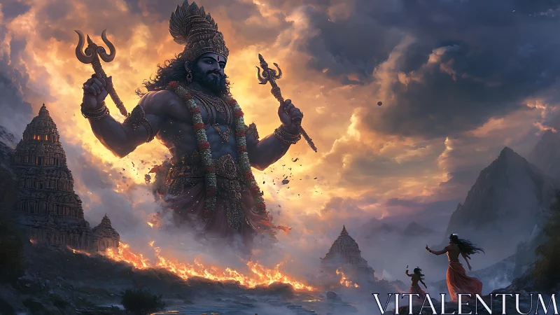 Colossal multi-armed deity amid temples, fire and clouds.