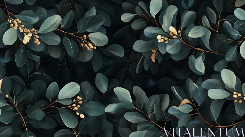 Eucalyptus foliage pattern with berries on dark background.