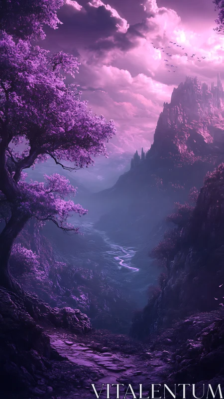 Twilight path through dreamy violet mountains and skies.