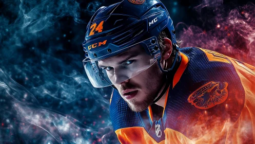 Ice hockey player portrait in protective gear and colored smoke