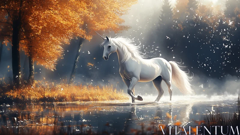 White unicorn in misty autumn forest clearing at dawn.