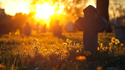 Gravestone silhouette in warm sunset over cemetery grounds.